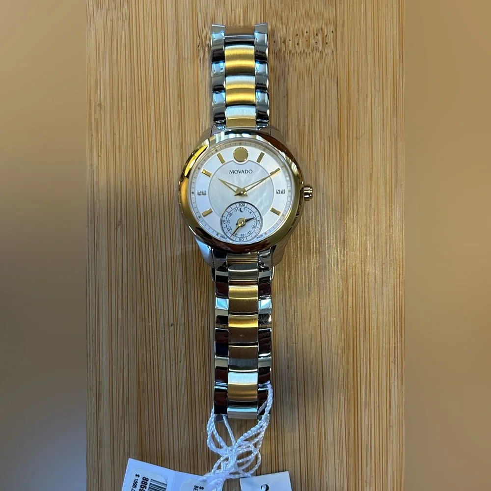 Movado Ballina Watch With 39mm White Pearl Face & 2 Tone Bracelet